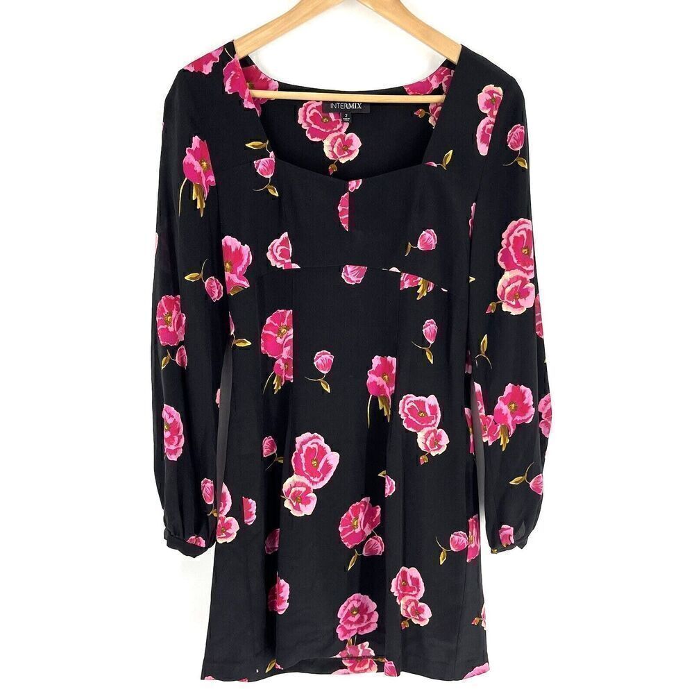 Intermix Dress Size 2 Women Black Pink Bernice Long Sleeve Floral Silk Mini